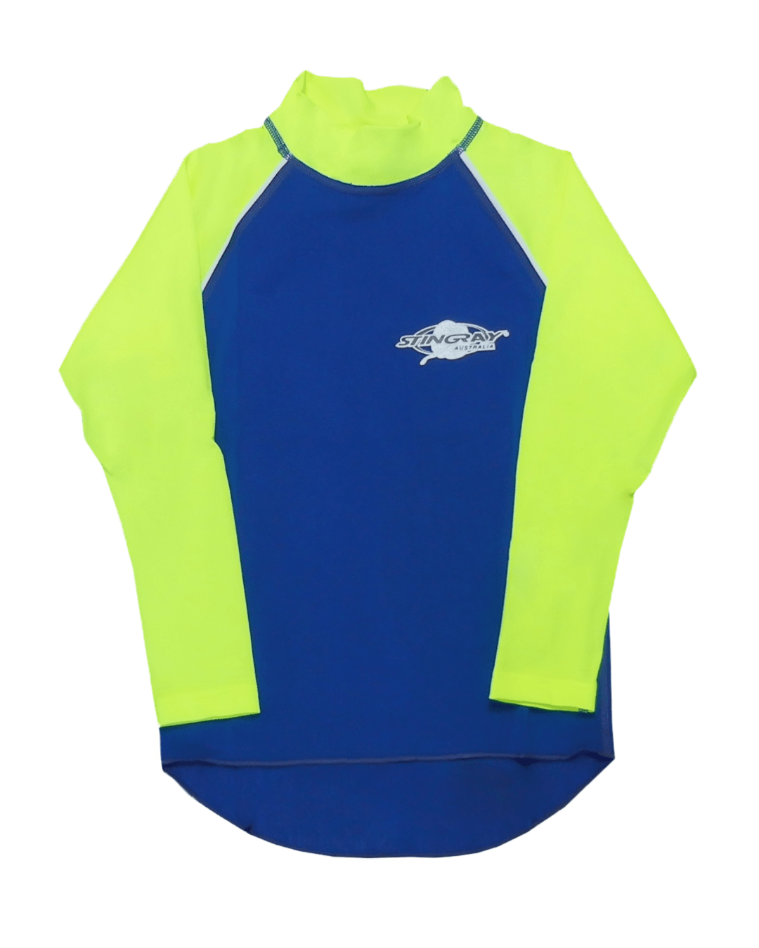 Flat lay of kids blue and yellow UPF 50+ long-sleeve shirt with a Stingray logo on a white background