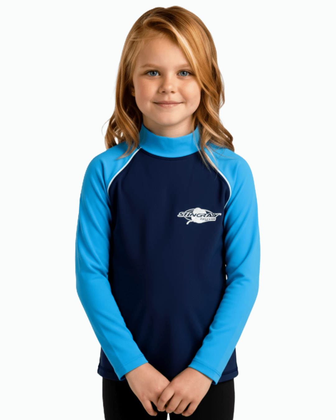 Child wearing a azure and navy long-sleeve UV swim shirt with a Stingray logo on a white background