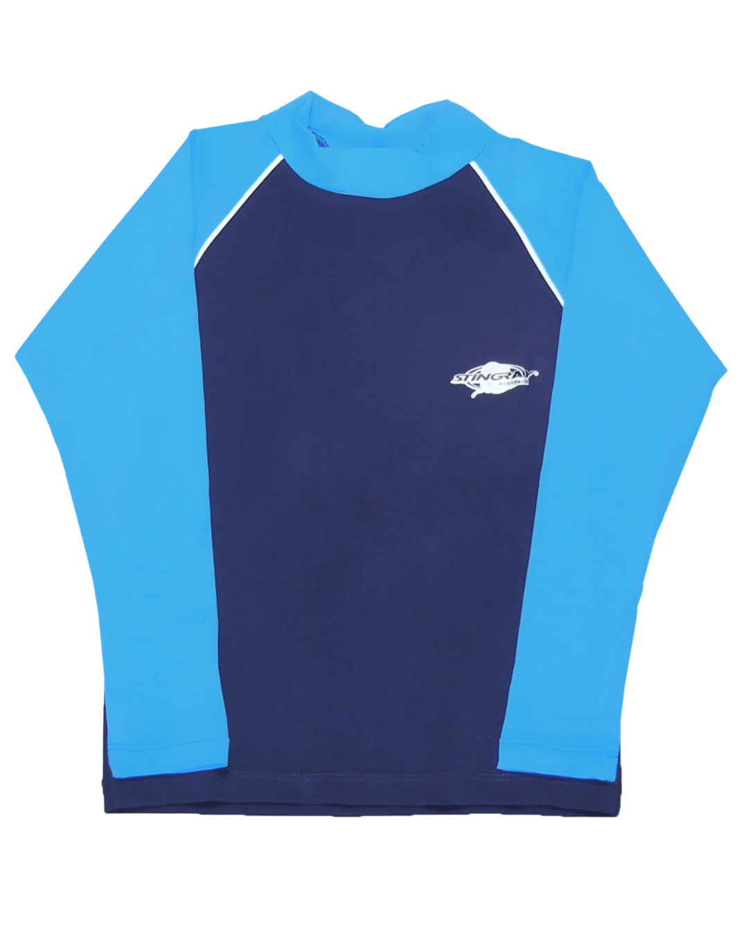 Flat lay of a kids azure and navy long-sleeve UV rash vest with a Stingray logo on a white background