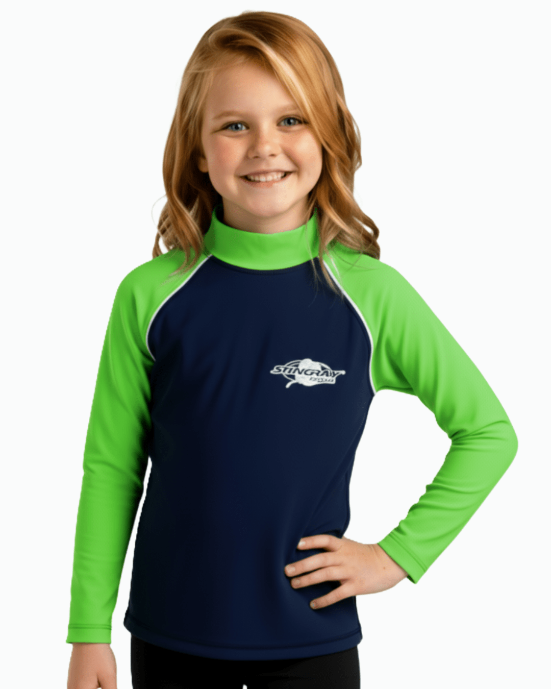 Girl wearing a navy and green long-sleeve sun protection rash shirt with a logo on a white background