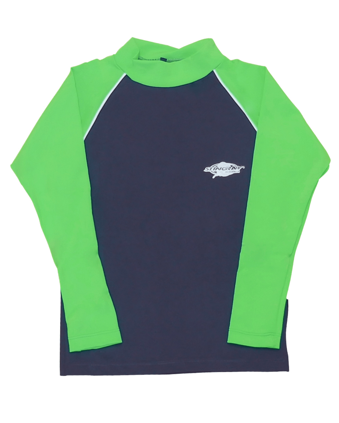 Flat lay of a navy and green long-sleeve UV swim shirt with a Stingray logo on a white background
