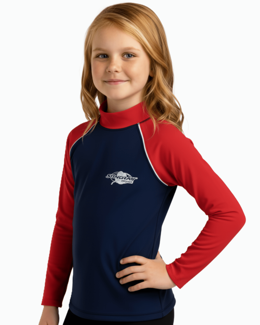 Young girl wearing a red and navy long-sleeve upf shirt with a Stingray logo on a white background