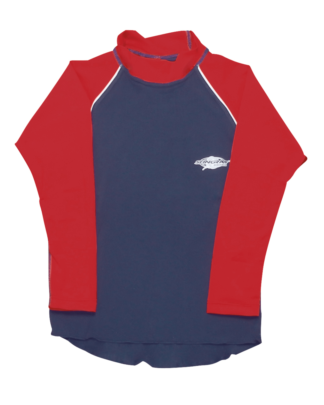 Flat lay of a kid's red and blue long-sleeve UPF rash vest with a Stingray logo on a white background