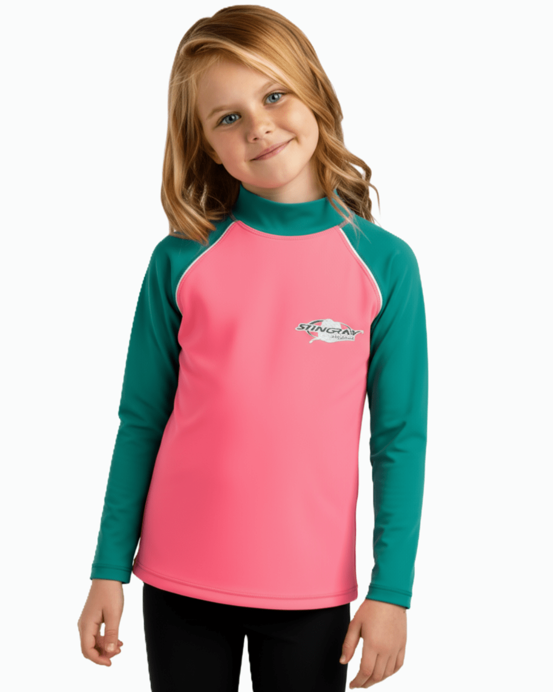 Young girl wearing a pink and teal long-sleeve UV shirt with a Stingray logo on a white background