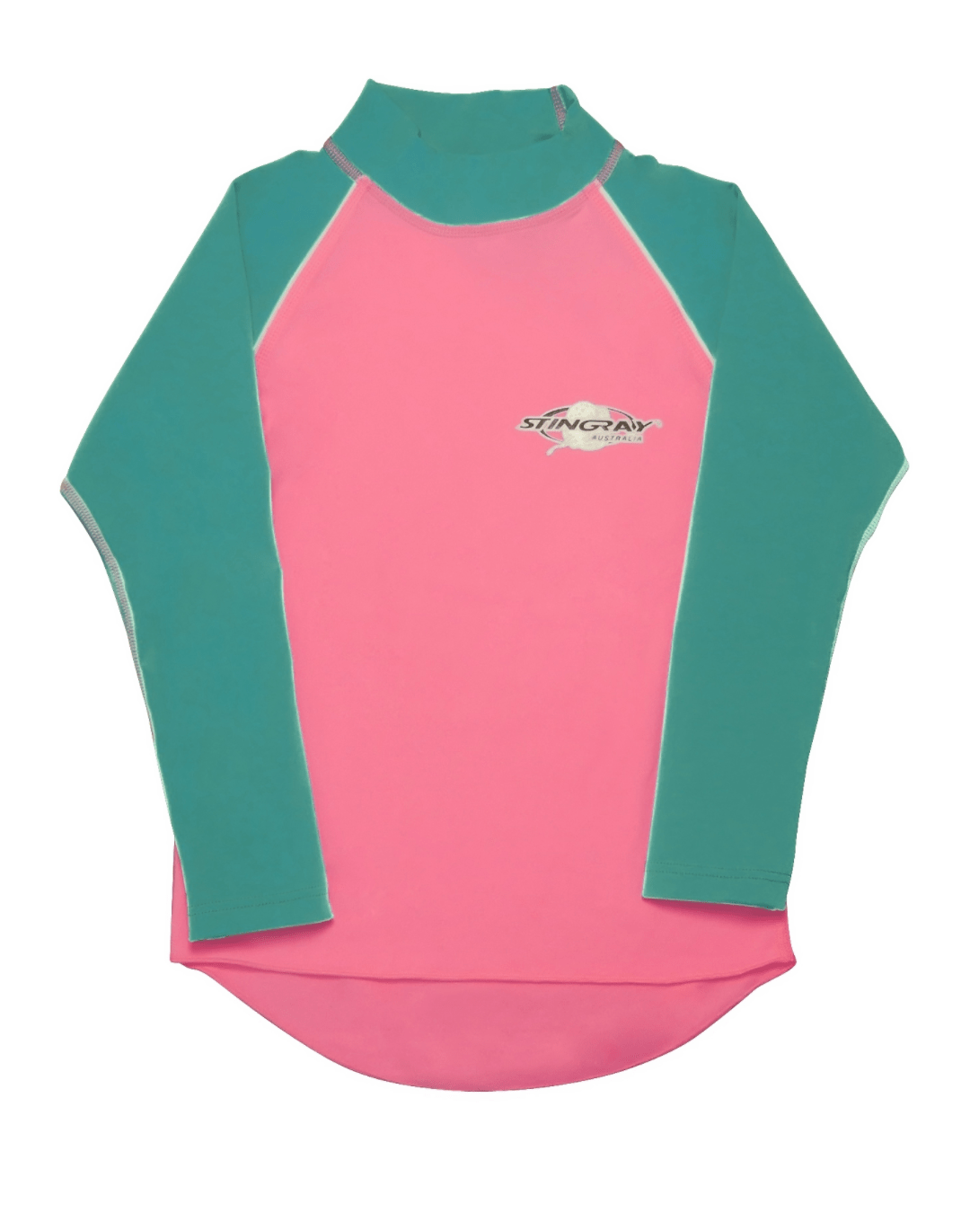 Flat lay of a kids pink and teal long-sleeve UV protection swim shirt with a brand logo on a white background