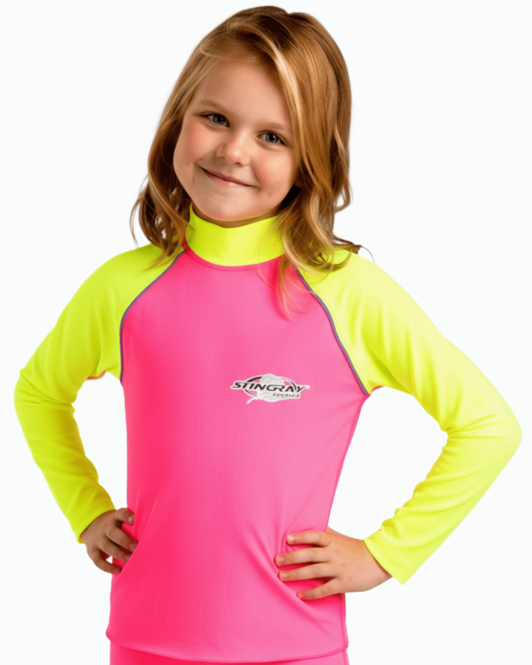 Young girl wearing a pink and yellow long-sleeve UV swim shirt with a Stingray logo on a white background