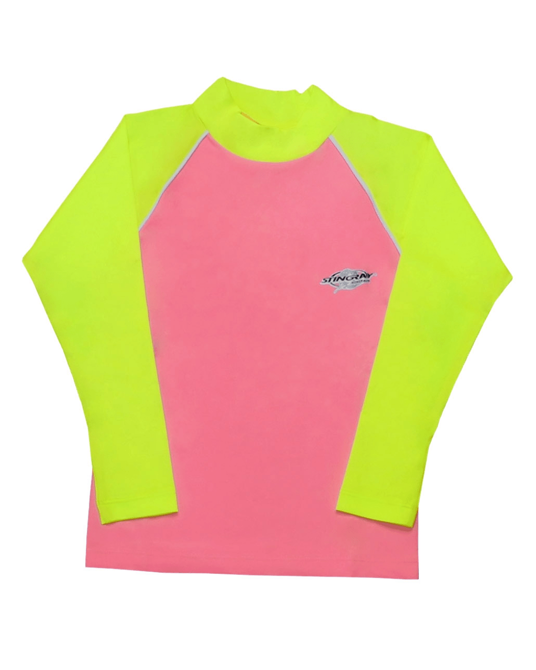 Flat lay pink and yellow long-sleeve UV swim shirt with a Stingray logo on a white background
