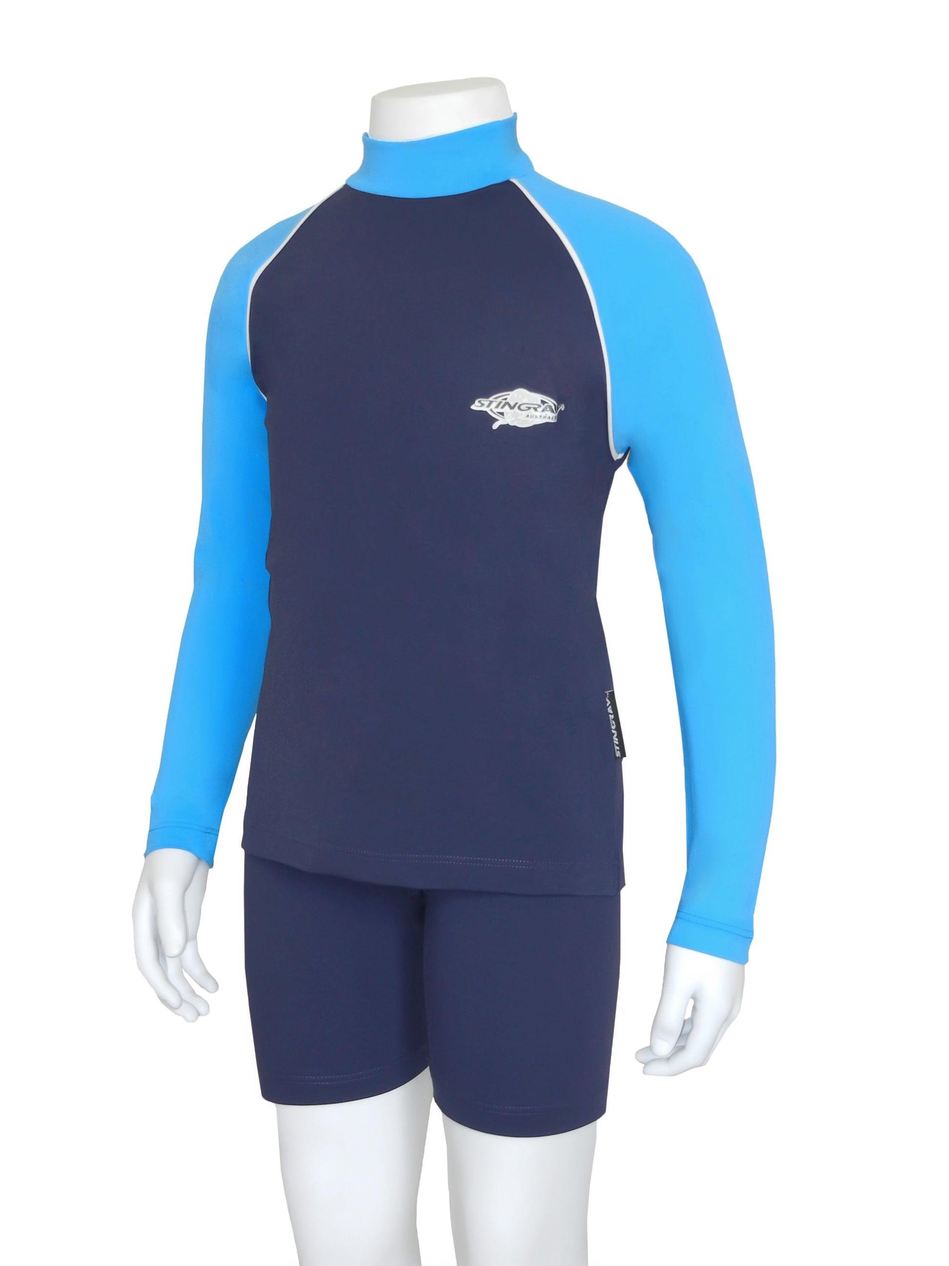 Navy and azure Stingray Toddler Kids' Long Sleeve Rash Shirt in navy blue, featuring full arm coverage and a high collar, crafted from chlorine-resistant fabric for ultimate sun protection.