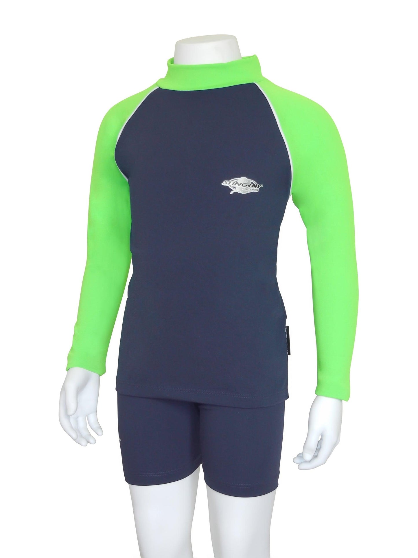 Navy and lime Stingray Toddler Kids' Long Sleeve Rash Shirt in navy blue, featuring full arm coverage and a high collar, crafted from chlorine-resistant fabric for ultimate sun protection.