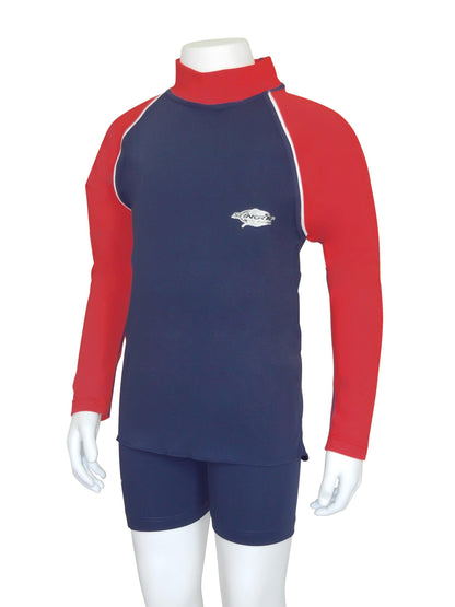 Navy and red Stingray Toddler Kids' Long Sleeve Rash Shirt in navy blue, featuring full arm coverage and a high collar, crafted from chlorine-resistant fabric for ultimate sun protection.