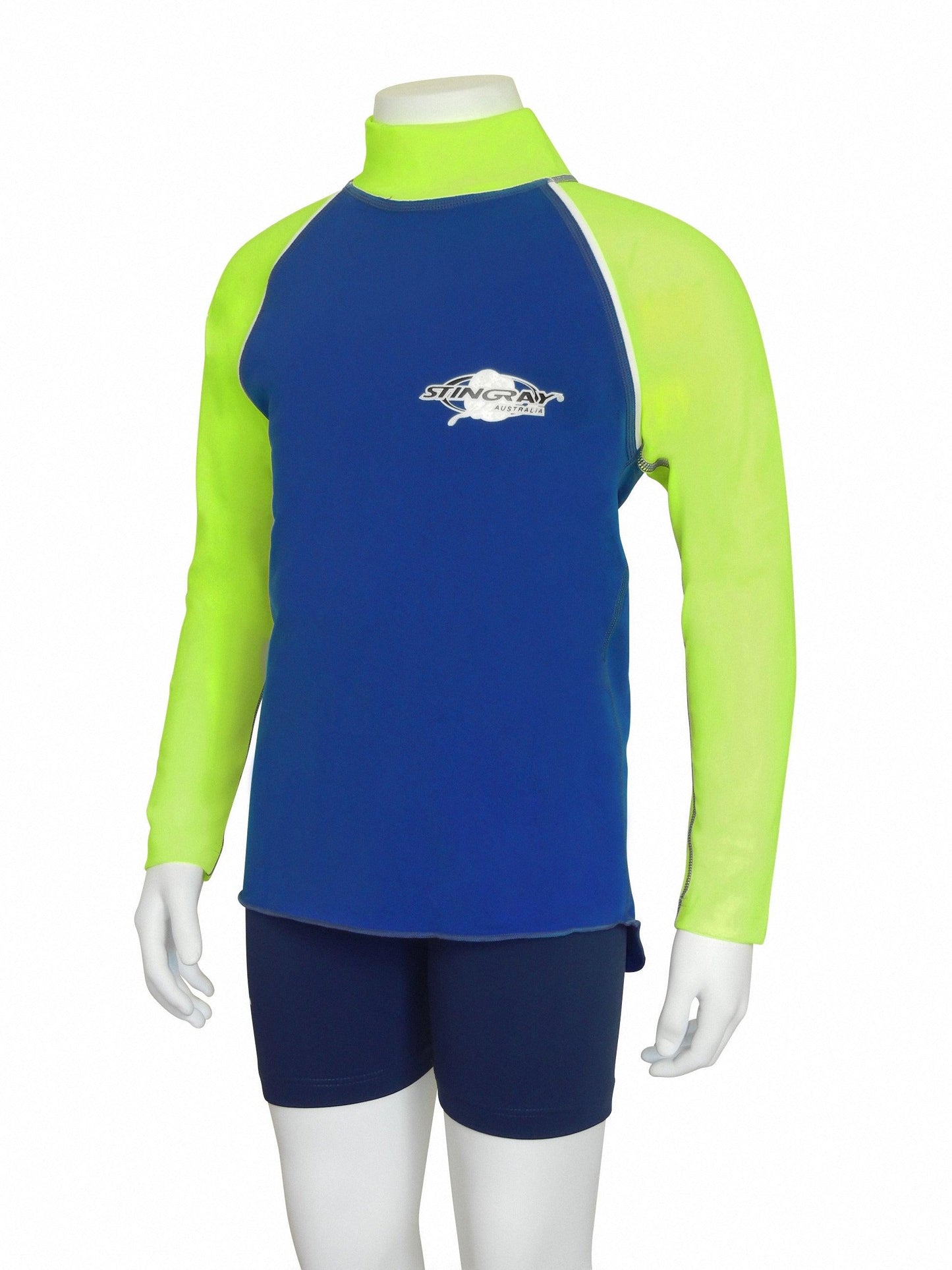 Ocean blue and yellow Stingray Toddler Kids' Long Sleeve Rash Shirt, featuring full arm coverage and a high collar, crafted from chlorine-resistant fabric for ultimate sun protection.