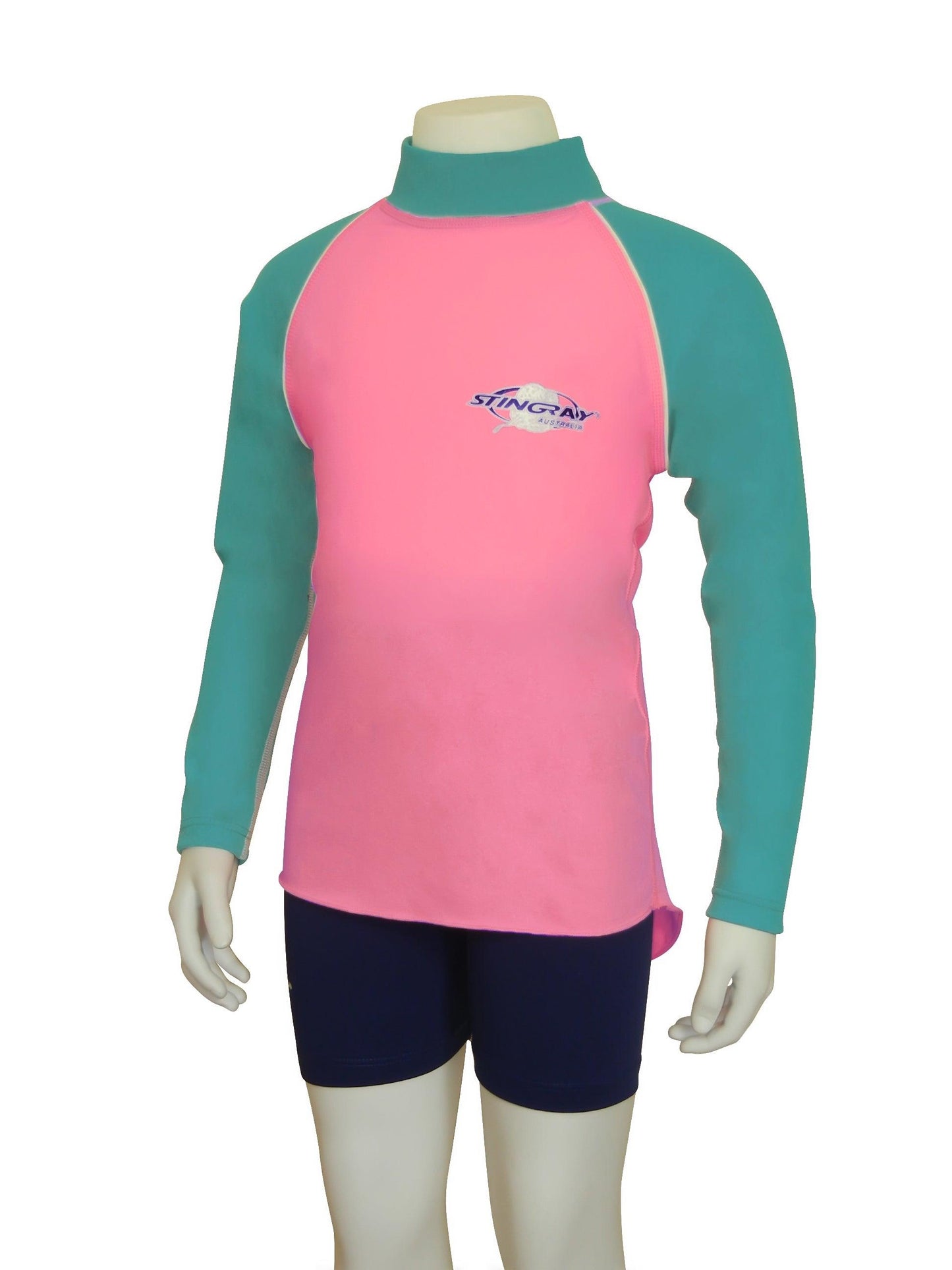 Pink and topaz blue Stingray Toddler Kids' Long Sleeve Rash Shirt, featuring full arm coverage and a high collar, crafted from chlorine-resistant fabric for ultimate sun protection.