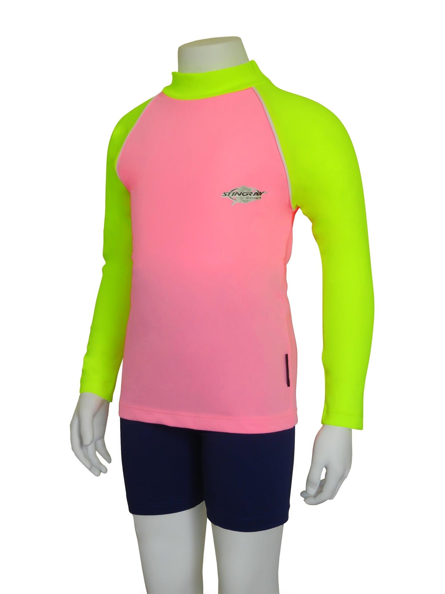 Pink and yellow Stingray Toddler Kids' Long Sleeve Rash Shirt, featuring full arm coverage and a high collar, crafted from chlorine-resistant fabric for ultimate sun protection.