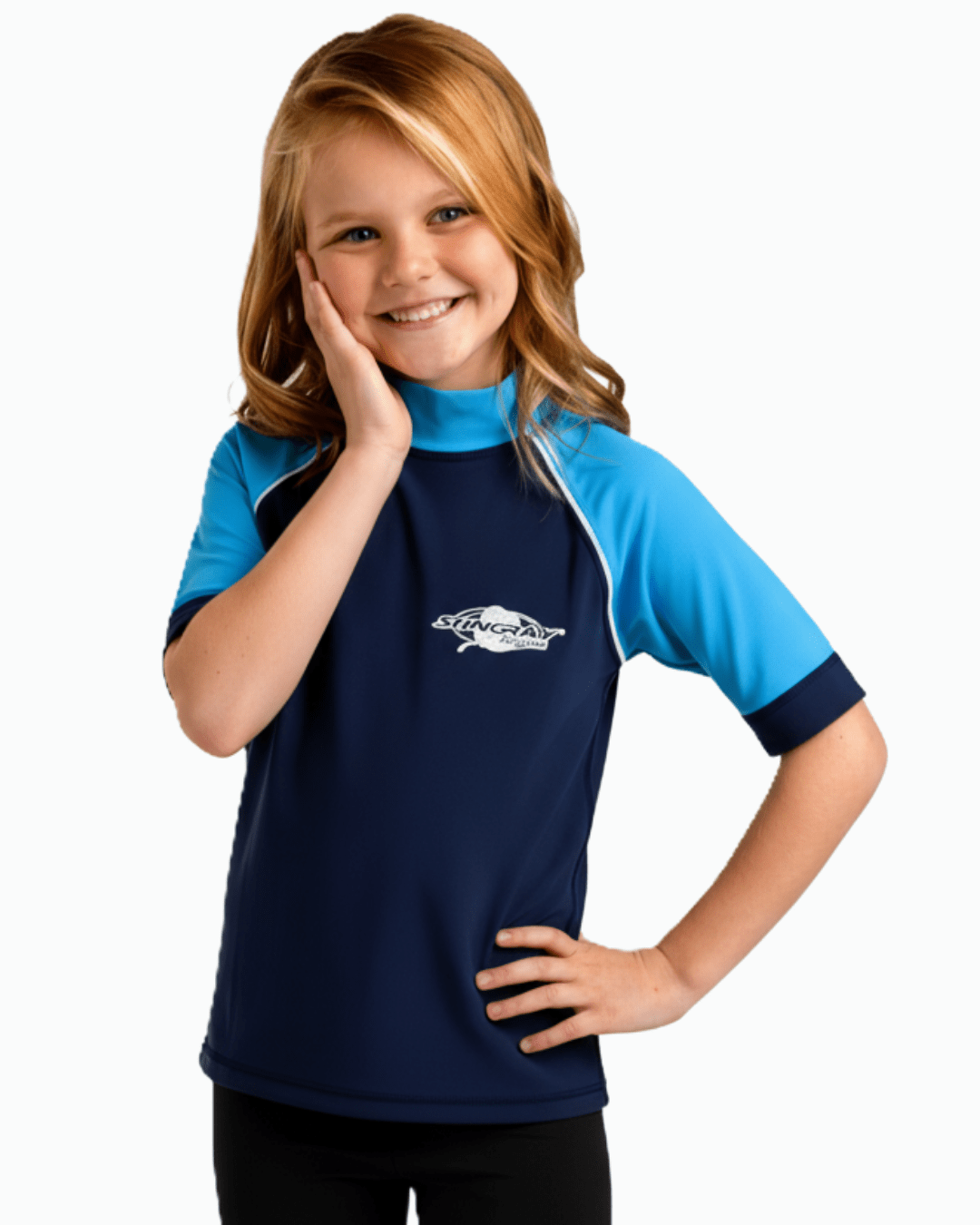 Young girl wearing a blue and navy upf sun shirt with a Stingray logo on a white background