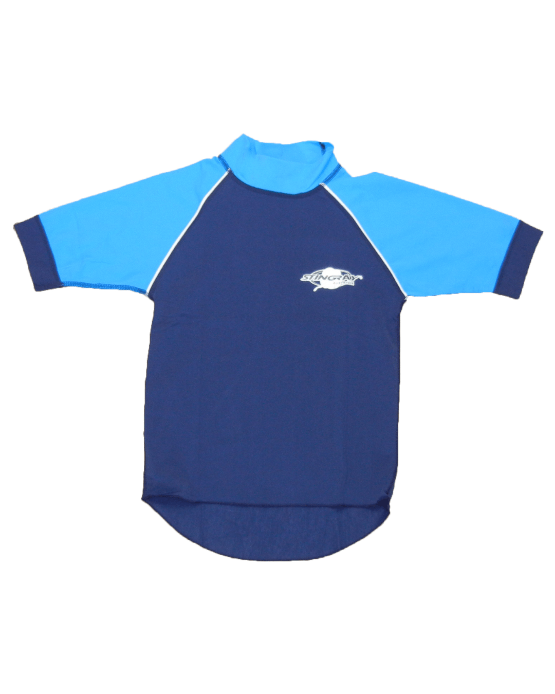 Kids blue and azure sun protection short-sleeve swim shirt with a Stingray logo on a white background