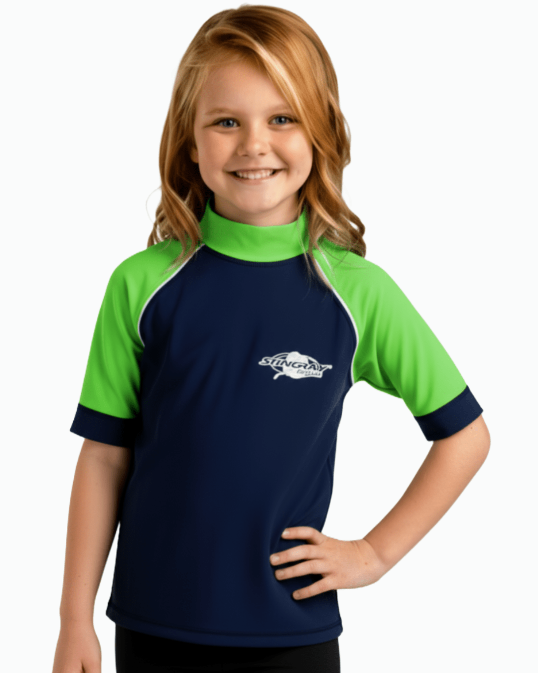 Child wearing a navy and green UPF 50+ swim shirt with a Stingray logo on a white background
