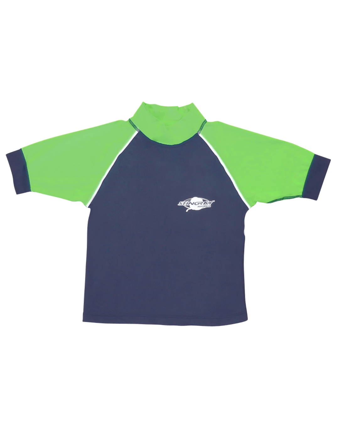 Kids navy and green short-sleeve UPF swim shirt with a Stingray logo on a white background