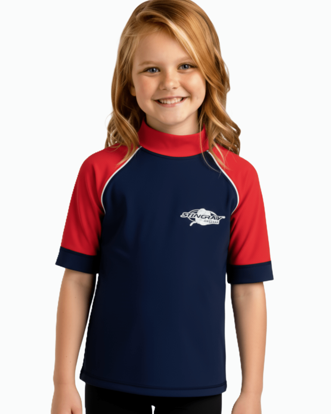 Child wearing a red and navy blue upf 50+ swim shirt with a Stingray logo on a white background