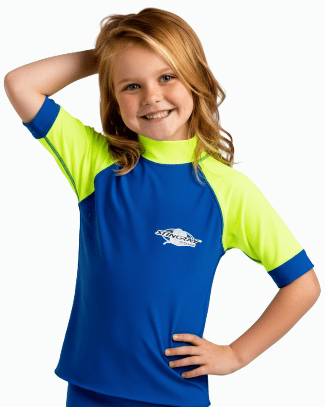 Child wearing a blue and yellow UPF 50+ rash shirt with a Stingray logo on a white background