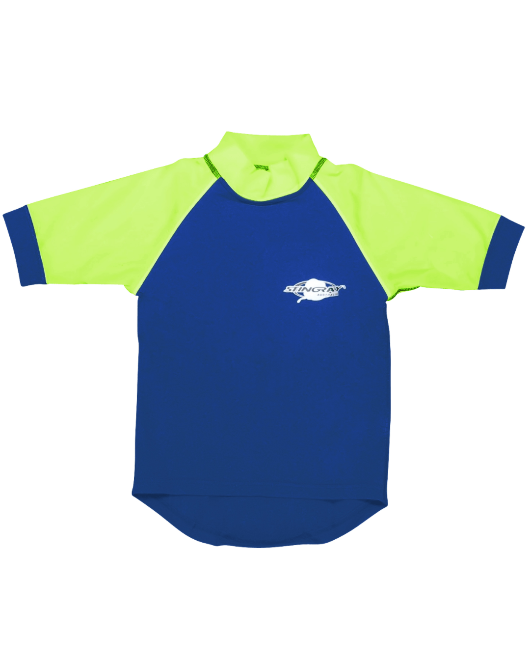 Blue and green children's upf 50+ swim shirt with a Stingray logo on a white background