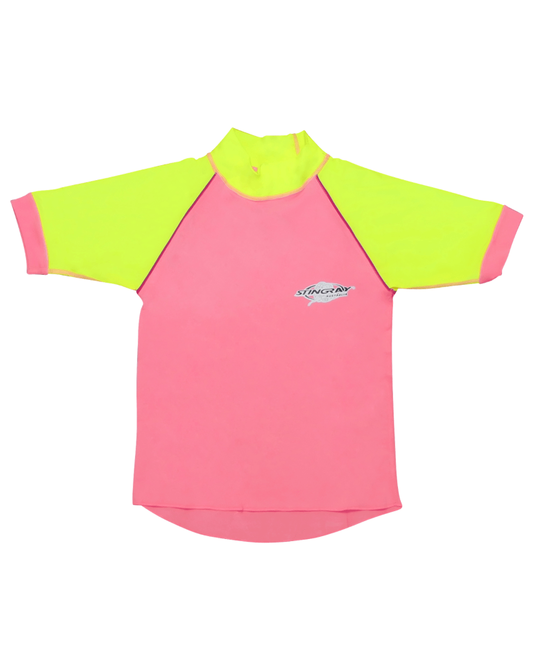 Kids pink and green UPF 50+ short-sleeve swim shirt with a Stingray logo on a white background