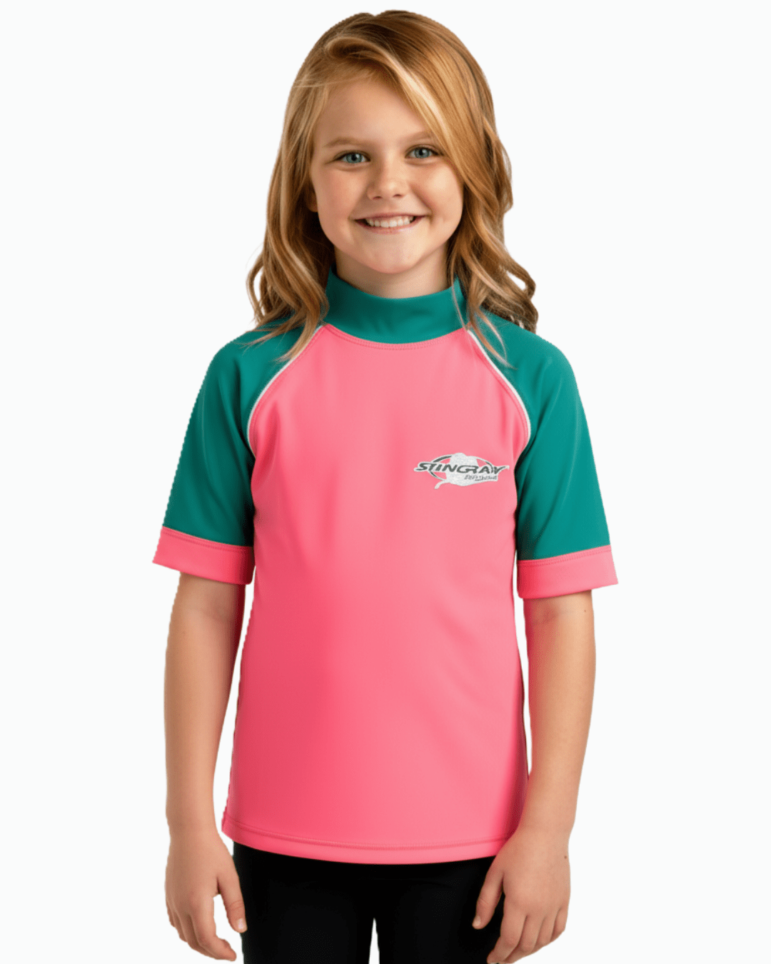 Young girl wearing a pink and green UPF 50+ rash guard with a logo on a white background