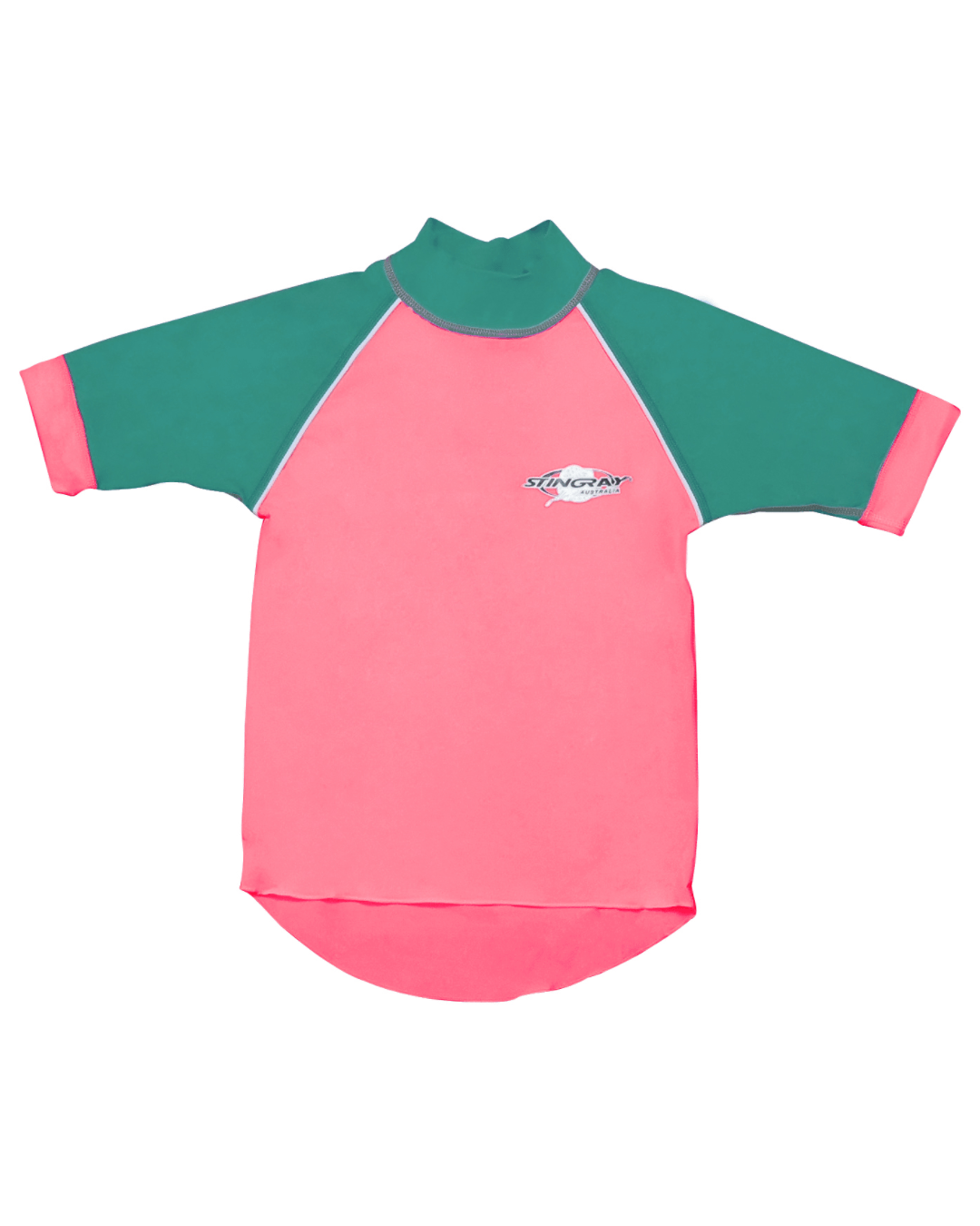 Kids pink and green children's upf sun shirt with a Stingray logo on a white background