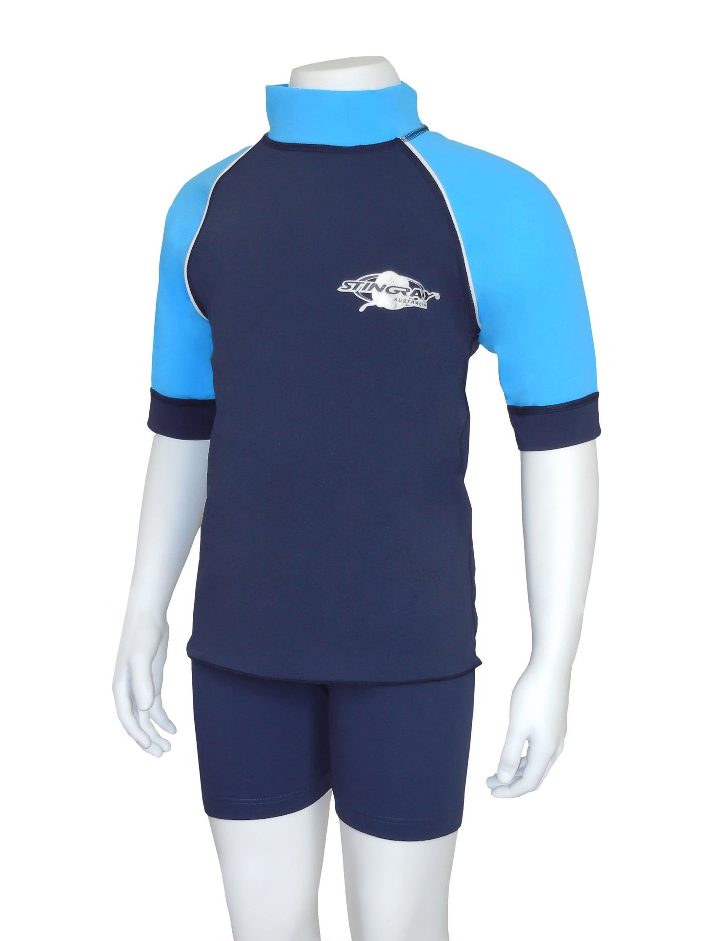 Navy and azure Stingray Toddler Kids' Short Sleeve Rash Shirt in durable, soft chlorine-resistant fabric, offering UPF 50+ sun protection and designed for outdoor and water activities.