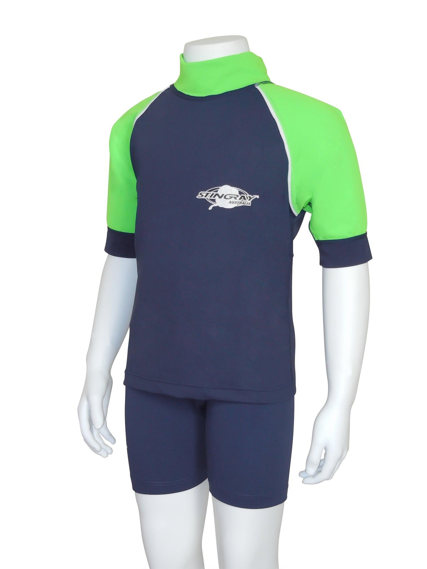 Navy and lime Stingray Toddler Kids' Short Sleeve Rash Shirt in durable, soft chlorine-resistant fabric, offering UPF 50+ sun protection and designed for outdoor and water activities.