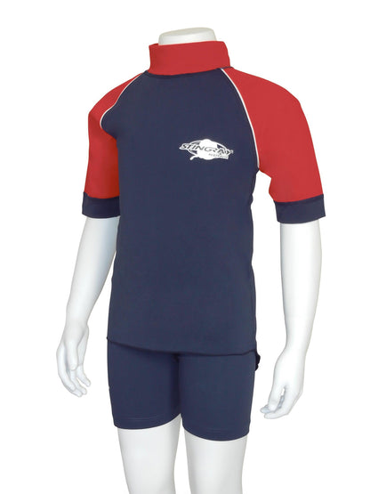 Navy and red Stingray Toddler Kids' Short Sleeve Rash Shirt in durable, soft chlorine-resistant fabric, offering UPF 50+ sun protection and designed for outdoor and water activities.