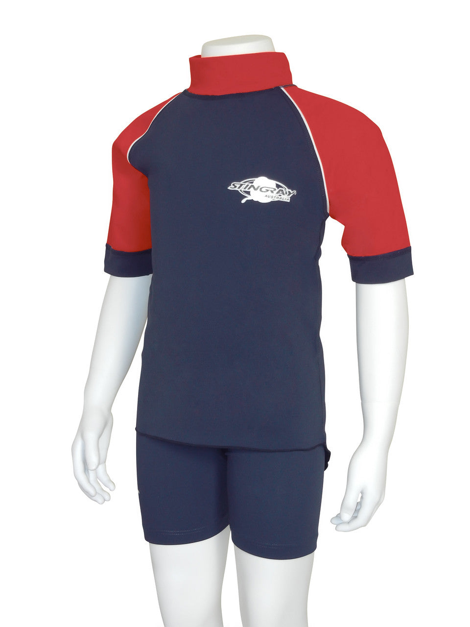 Navy and red Stingray Kids' Short Sleeve Rash Shirt in durable, soft chlorine-resistant fabric, offering UPF 50+ sun protection and designed for outdoor and water activities.