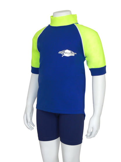 Ocean blue and yellow Stingray Toddler Kids' Short Sleeve Rash Shirt in durable, soft chlorine-resistant fabric, offering UPF 50+ sun protection and designed for outdoor and water activities.