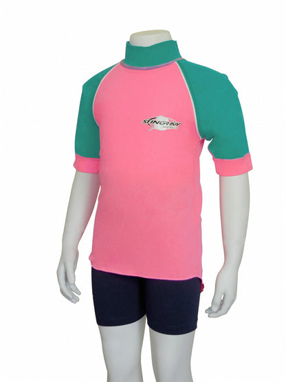 Pink and topaz blue Stingray Toddler Kids' Short Sleeve Rash Shirt in durable, soft chlorine-resistant fabric, offering UPF 50+ sun protection and designed for outdoor and water activities.