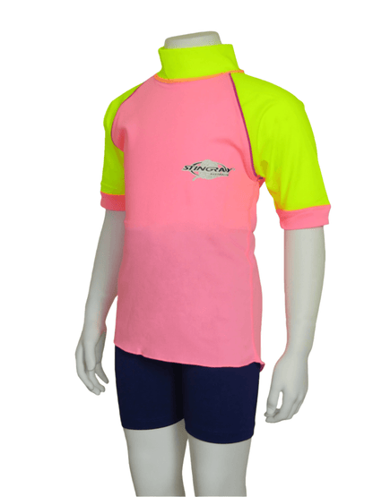 Pink and yellow Stingray Toddler Kids' Short Sleeve Rash Shirt in durable, soft chlorine-resistant fabric, offering UPF 50+ sun protection and designed for outdoor and water activities.