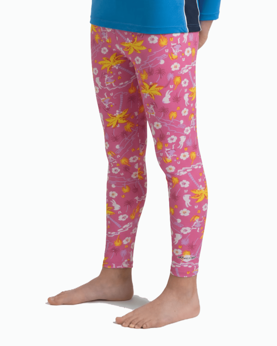 Child wearing pink UV protection tights with floral pattern on a white background