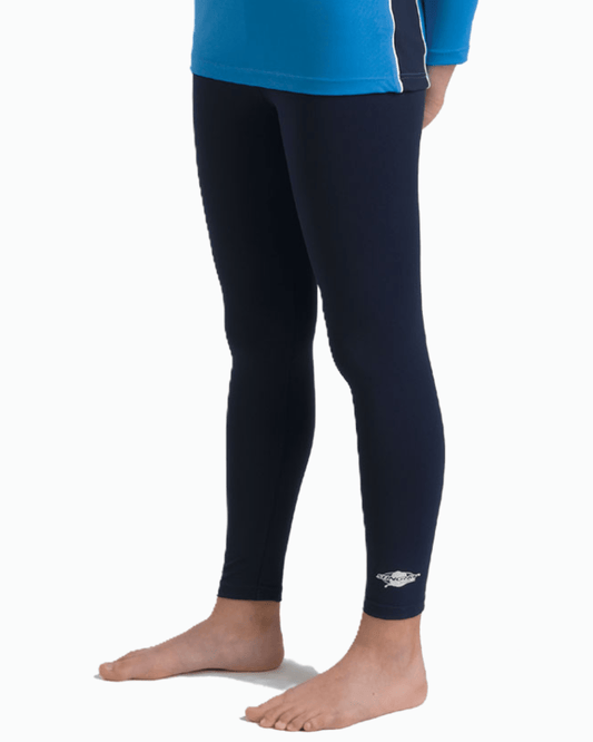 Child wearing navy sun protection leggings with a Stingray logo on a white background