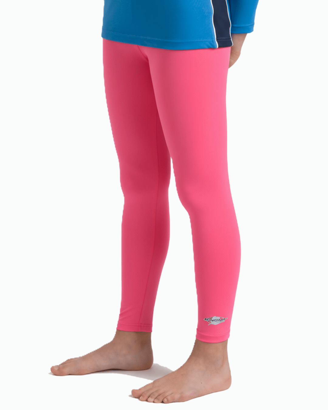 Pink upf swim leggings worn by a toddler on a white background