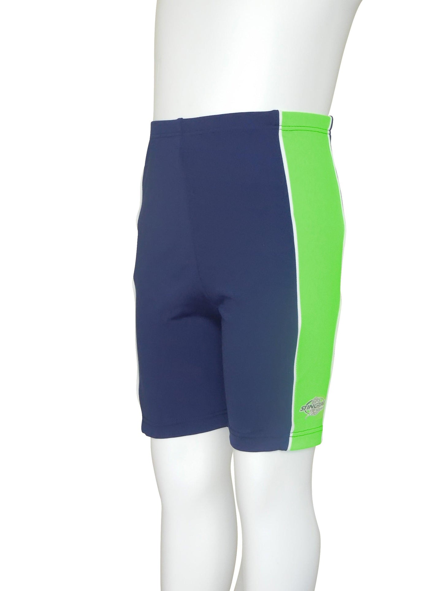 Navy Stingray Toddler Kids' Swim Shorts UPF 50+, these swimming trunks feature a contrasting lime green side panel and superior sun protection for swimming, water activities and outdoor play.