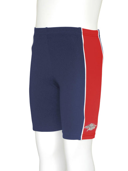 Navy Stingray Toddler Kids' Swim Shorts UPF 50+, these swimming trunks feature a contrasting red side panel and superior sun protection for swimming, water activities and outdoor play.