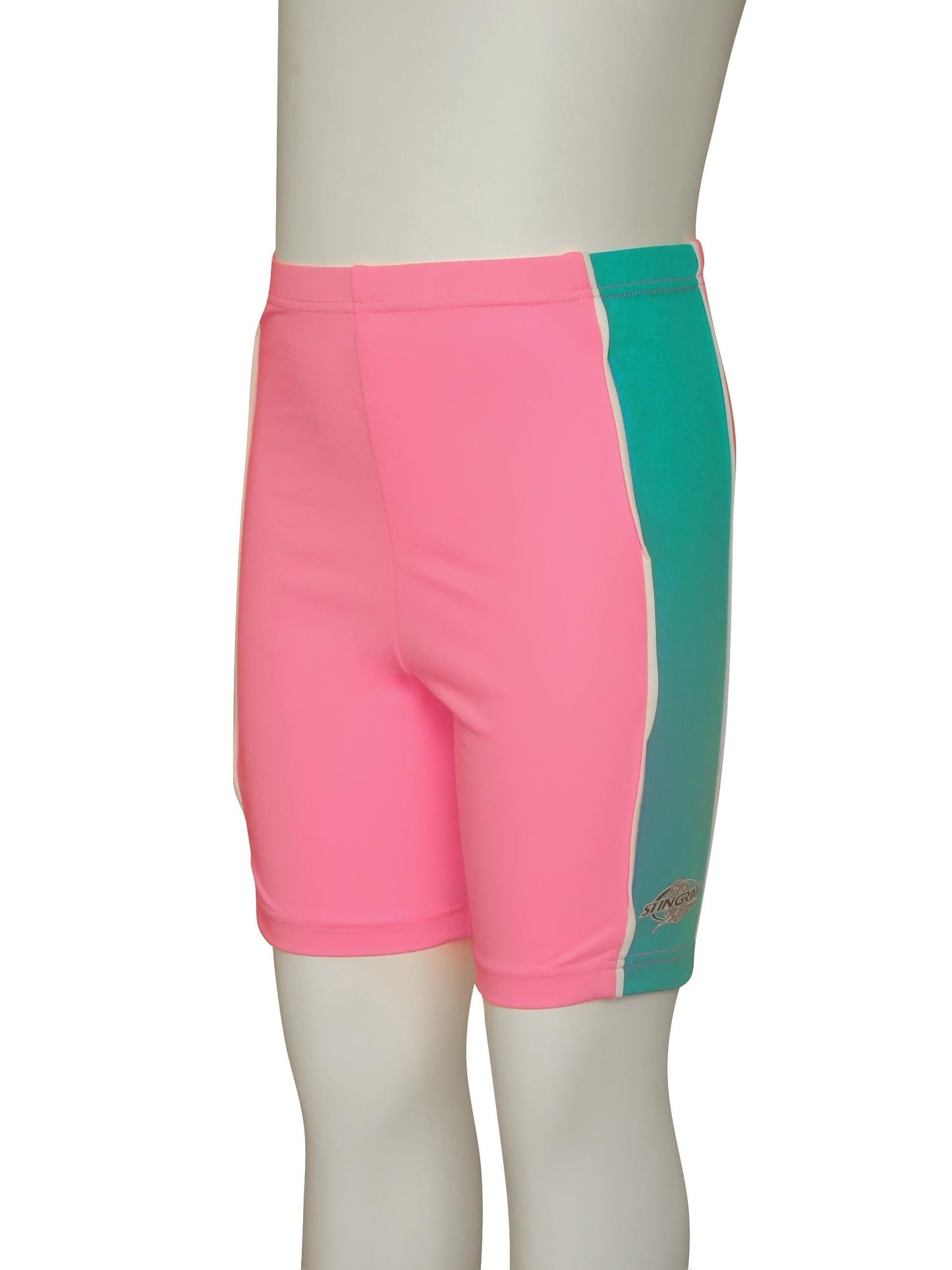 Pink Stingray Toddler Kids' Swim Shorts UPF 50+, these swimming trunks feature a contrasting topaz blue side panel and superior sun protection for swimming, water activities and outdoor play.