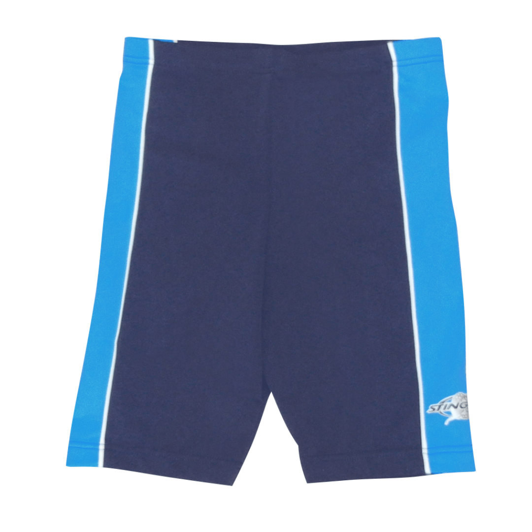 Kids UPF 50+ navy shorts with blue side panels on a white background