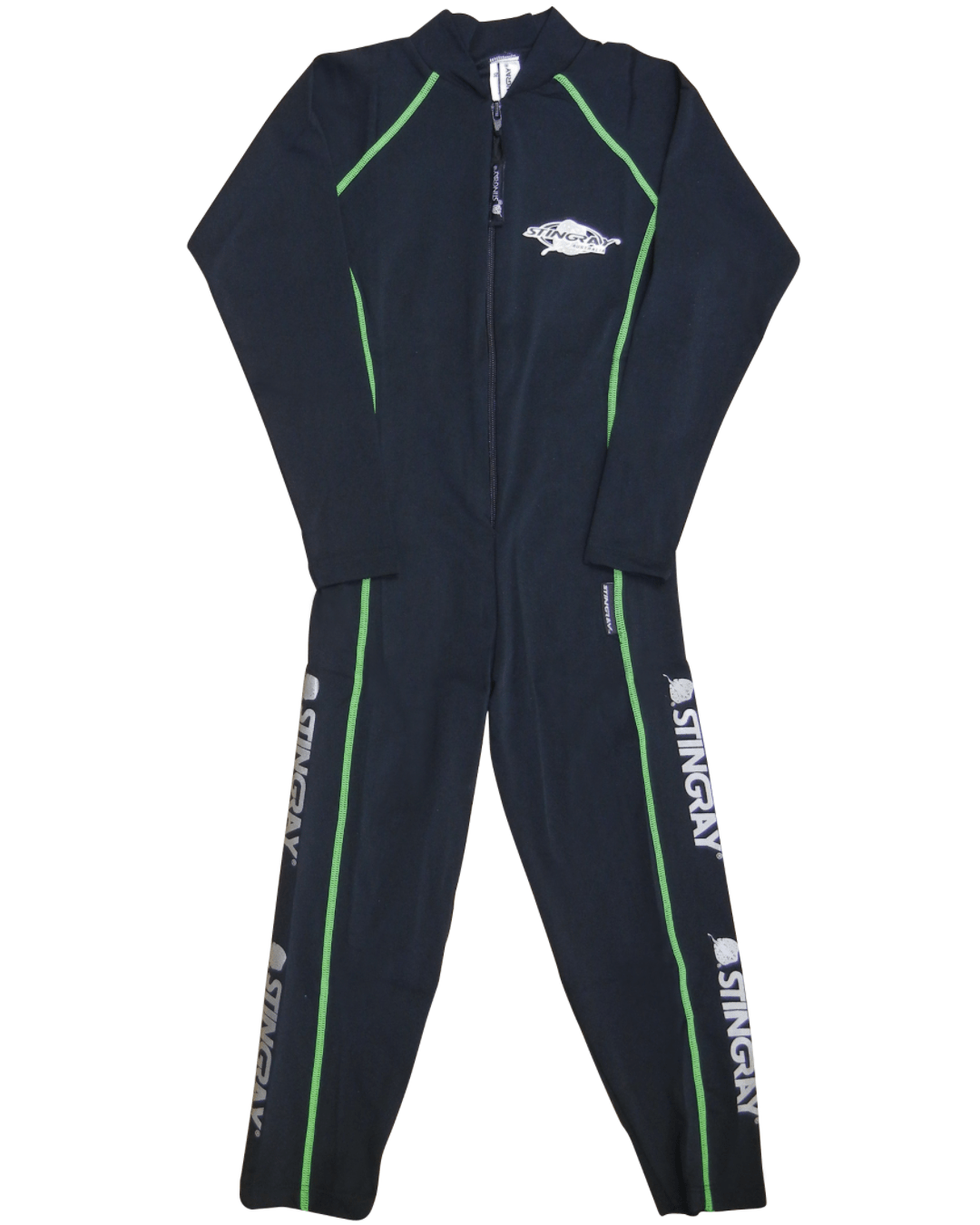 Flat lay of a toddler's navy blue UV sunsuit with green stitching and 'Stingray' branding on a white background