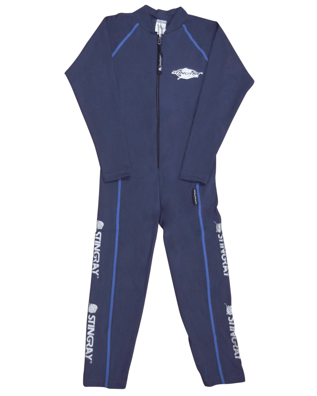 Flat lay of a toddler's navy blue full body UV swimsuit with Stingray branding on a white background