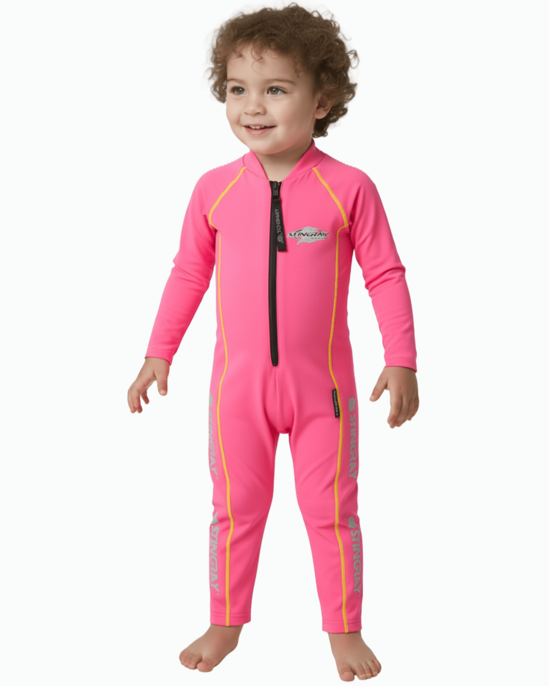 Toddler wearing a pink UV sun suit with a visible Stingray logo on a white background