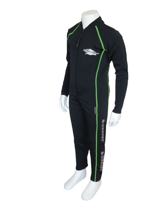 Black with lime stitching Stingray Kids' Full-Body Stinger Sunsuit - Sport Style, offering UPF 50+ sun protection and sleek design for swimming and outdoor activities.