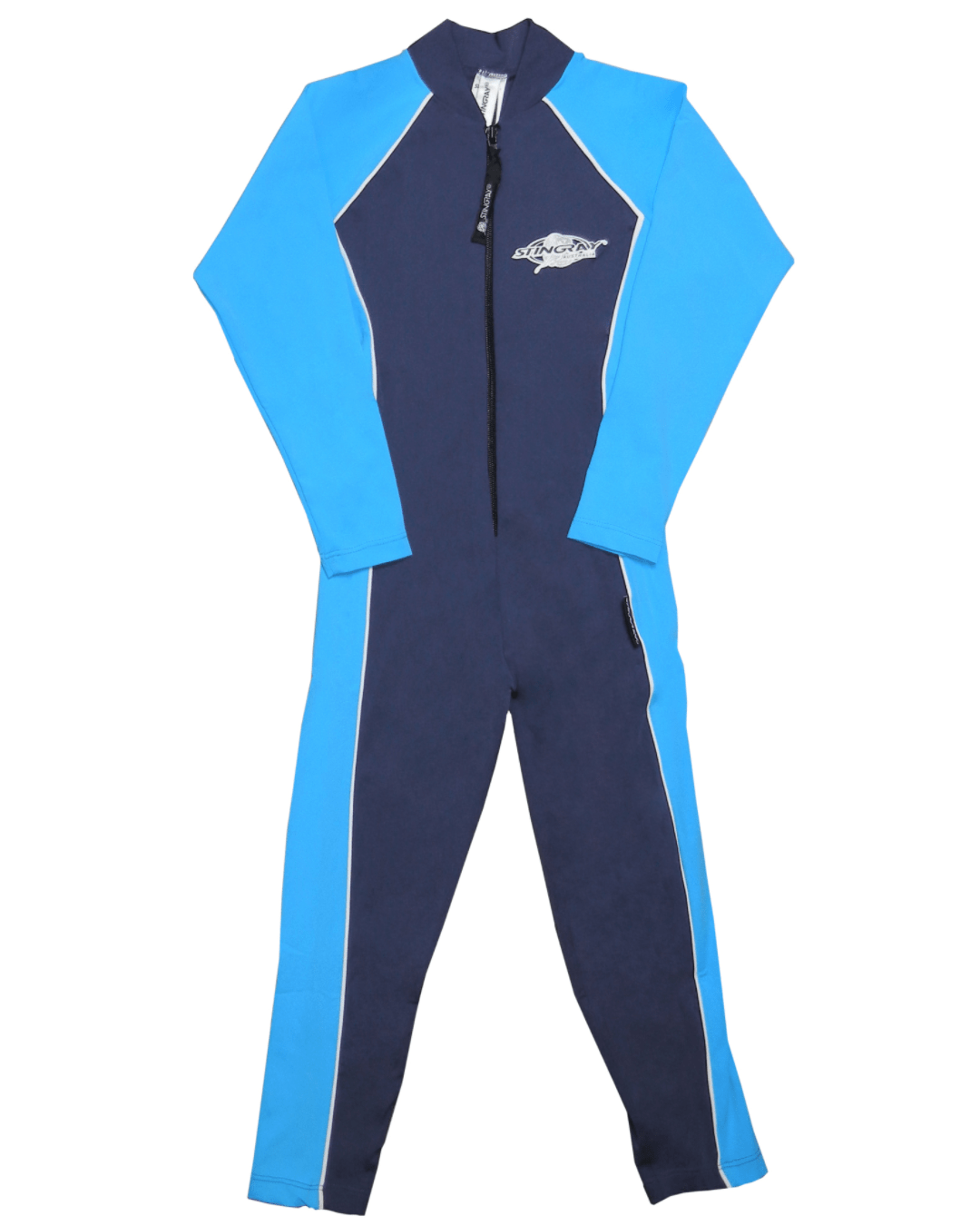 Flat lay of a toddler's navy and azure full body sun protection suit on a white background