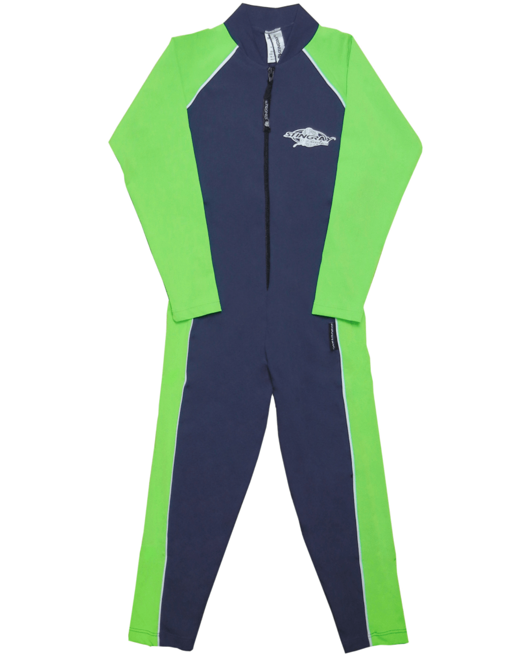Flat lay of a toddler's navy and green sun protection suit with Stingray logo on a white background
