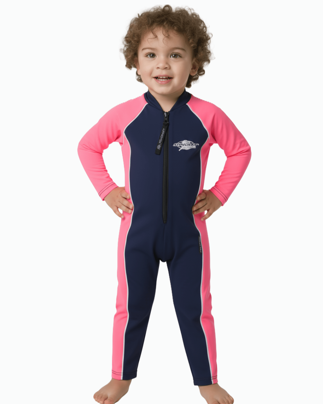Toddler wearing a navy and pink full body sunsuit on a white background