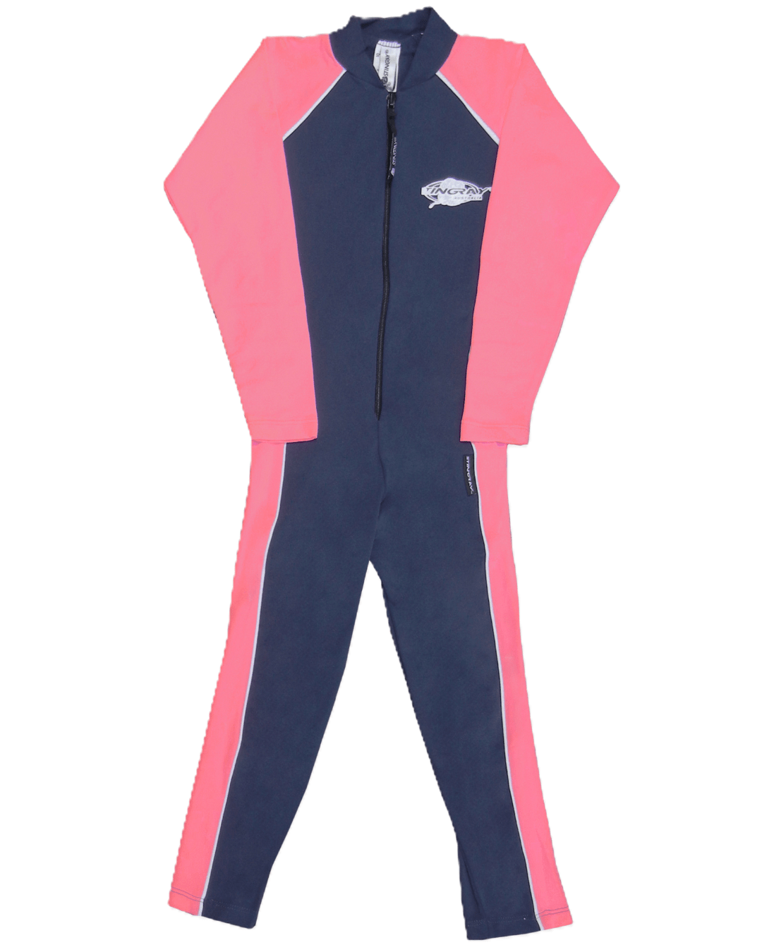 Flat lay of a toddler's navy and pink full body upf 50+ swimsuit on a white background