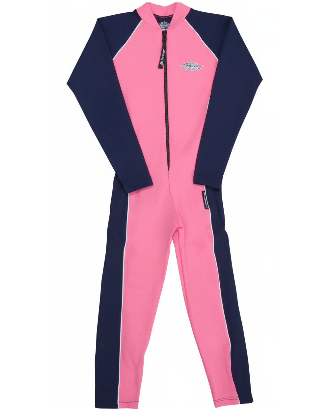 Flat lay of a toddler's pink and navy sunsuit on a white background